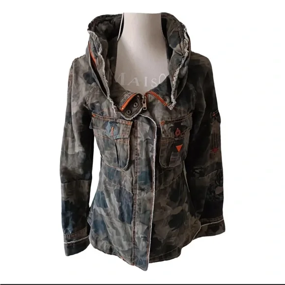 Zoompy Women's Camouflage Utility Jacket with Orange Trim 55% Linen 45%Cotton - Picture 1 of 5